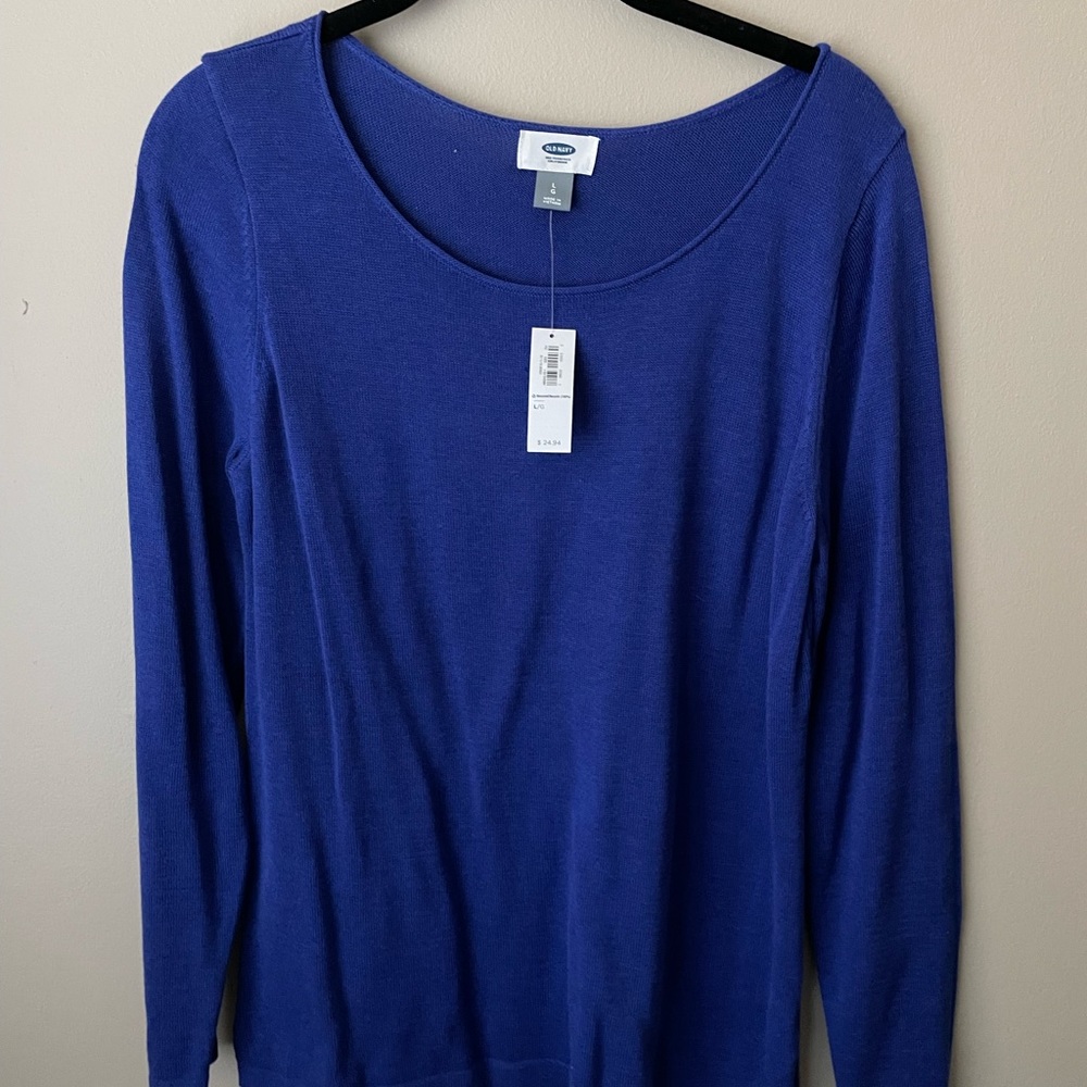 Large bright blue long sleeve sweater. Lightweight spring sweater crew neck